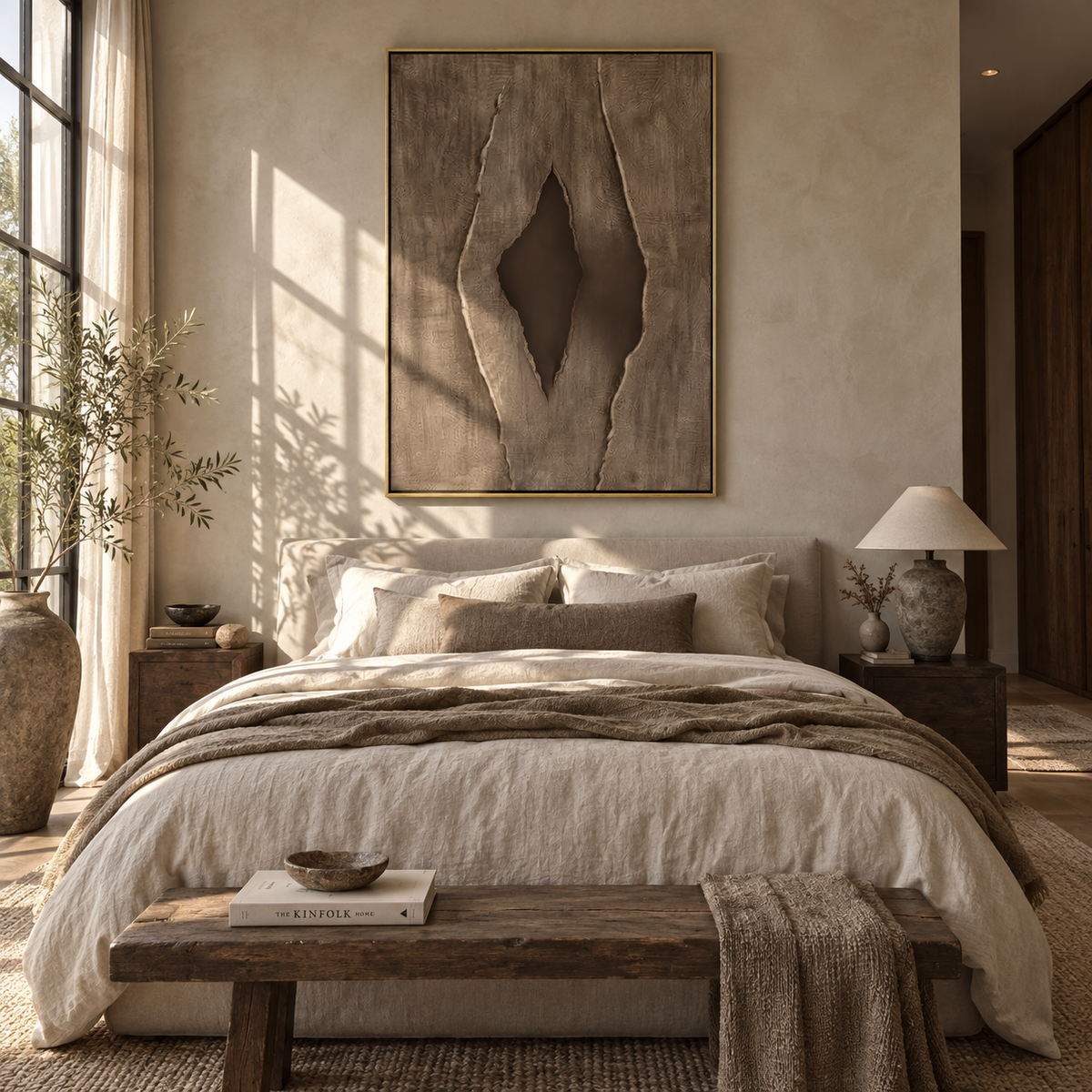 Umber Linen Onyx Layers Rain - textured abstract painting displayed in a styled interior