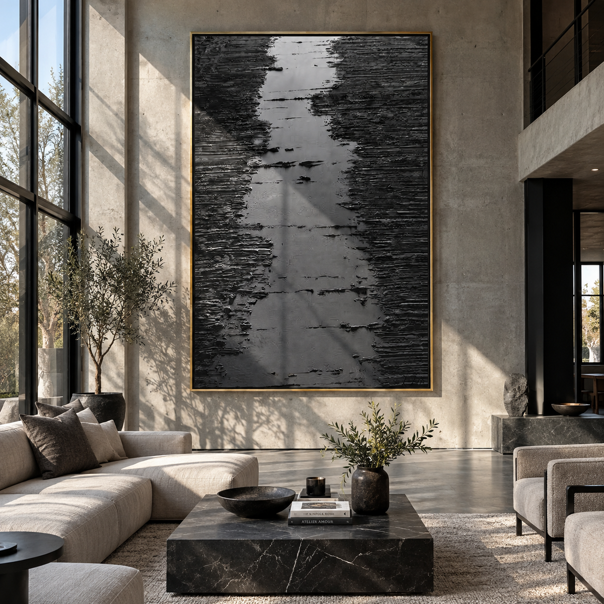 Slate Onyx Azure Balance Cadence - textured abstract painting shown in modern room setting 4