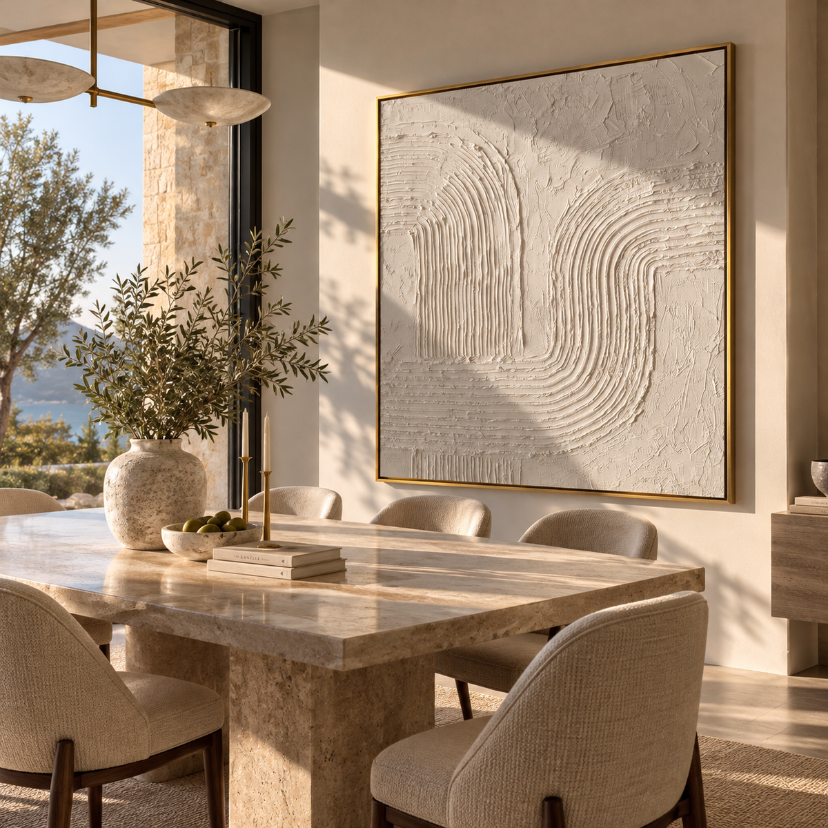 Slate Linen Umber Contours Distance - textured abstract painting displayed in a styled interior