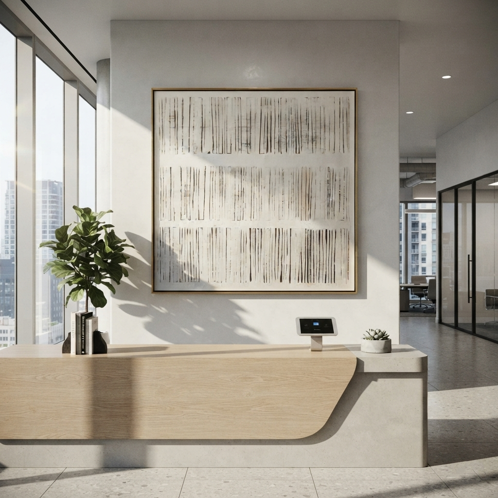 Linen Slate Umber Crossing Light - textured abstract painting displayed in a styled interior