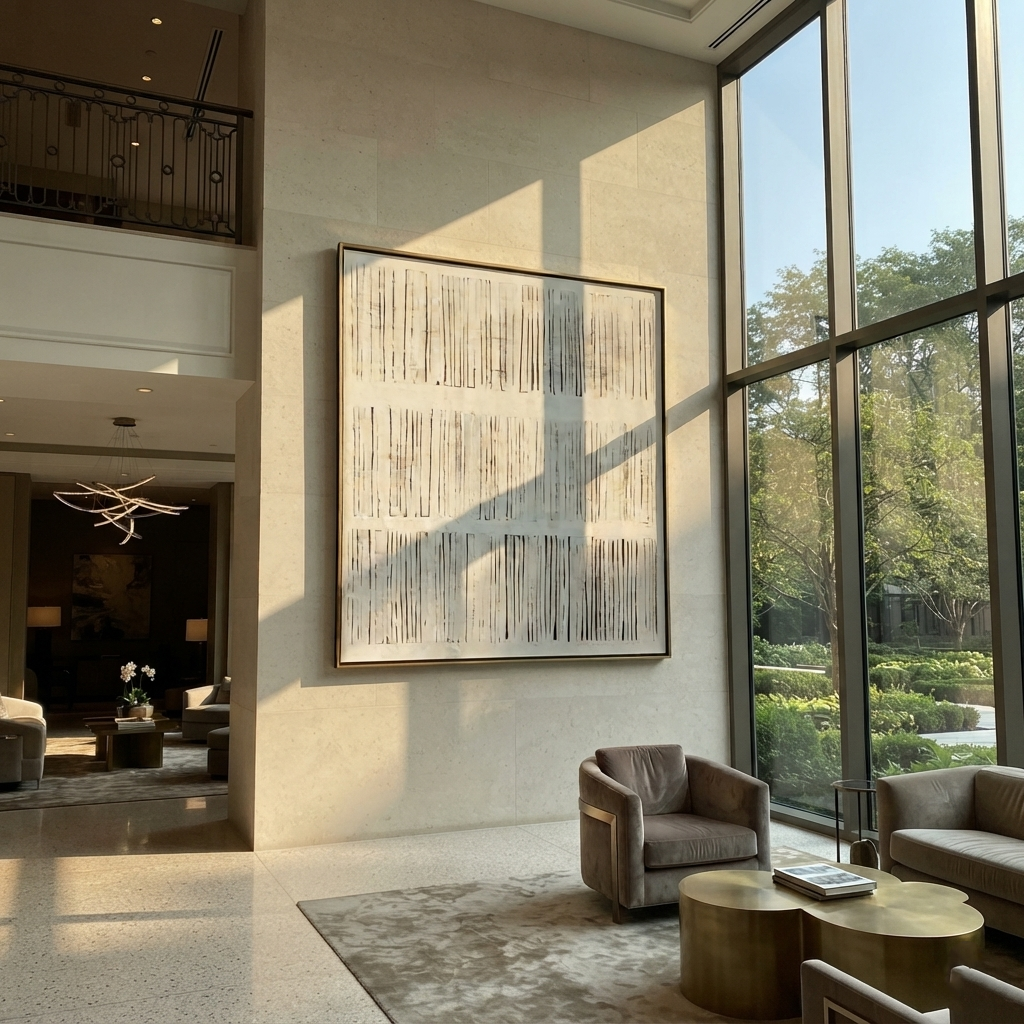 Linen Slate Umber Crossing Light - textured abstract painting shown in modern room setting 4