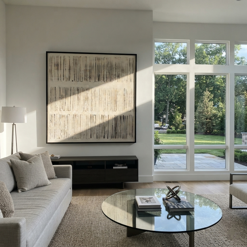Linen Slate Umber Crossing Light - textured abstract painting shown in modern room setting 5
