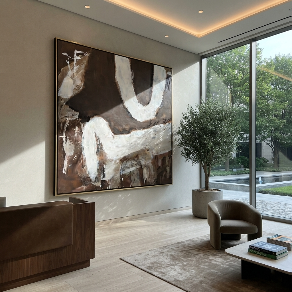 Umber Slate Linen Relief Quiet - textured abstract painting shown in modern room setting 2