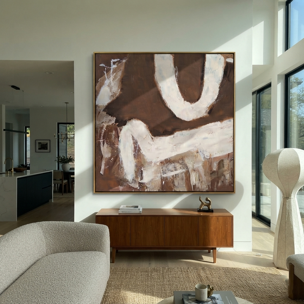 Umber Slate Linen Relief Quiet - textured abstract painting shown in modern room setting 3