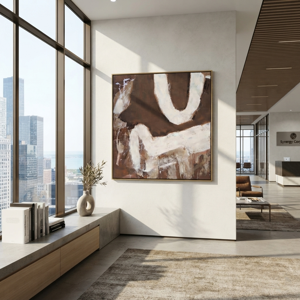 Umber Slate Linen Relief Quiet - textured abstract painting shown in modern room setting 4