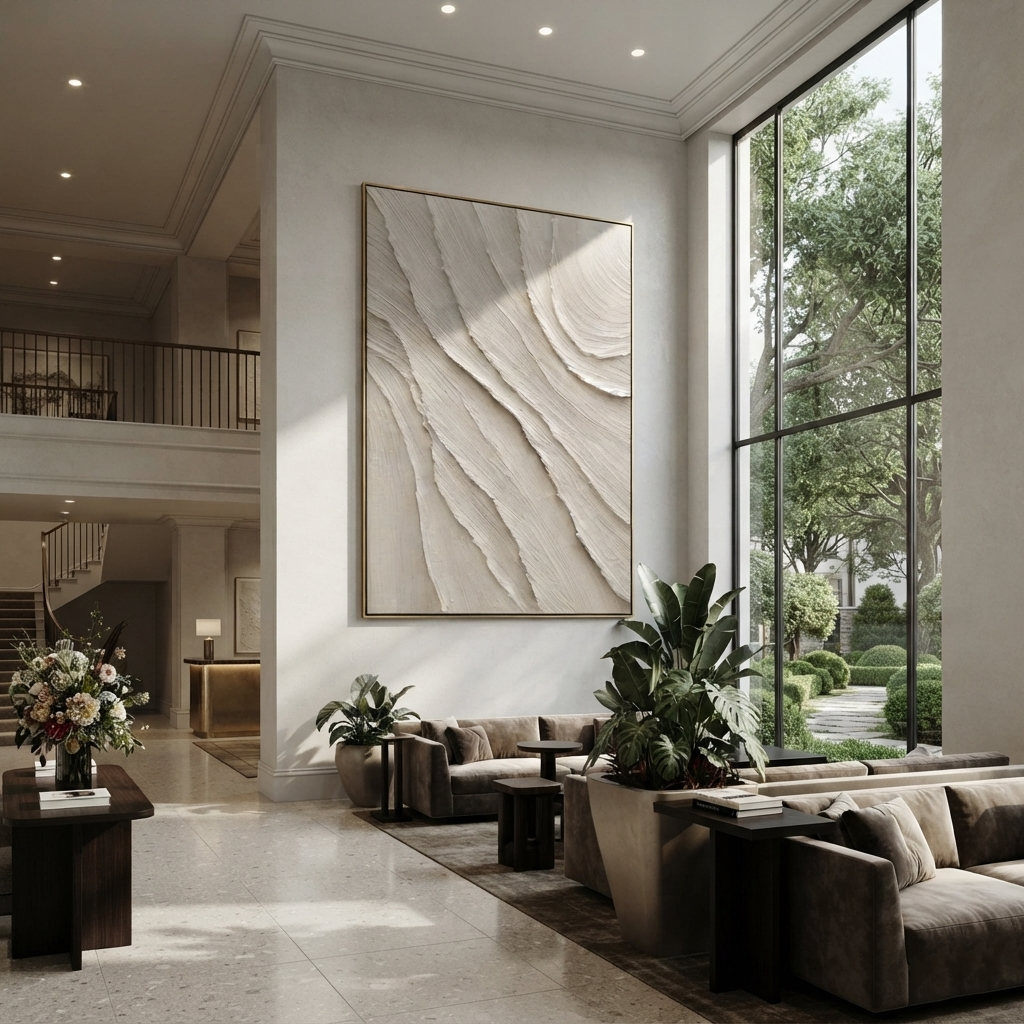 Slate Linen Onyx Strata Form - textured abstract painting shown in modern room setting 2
