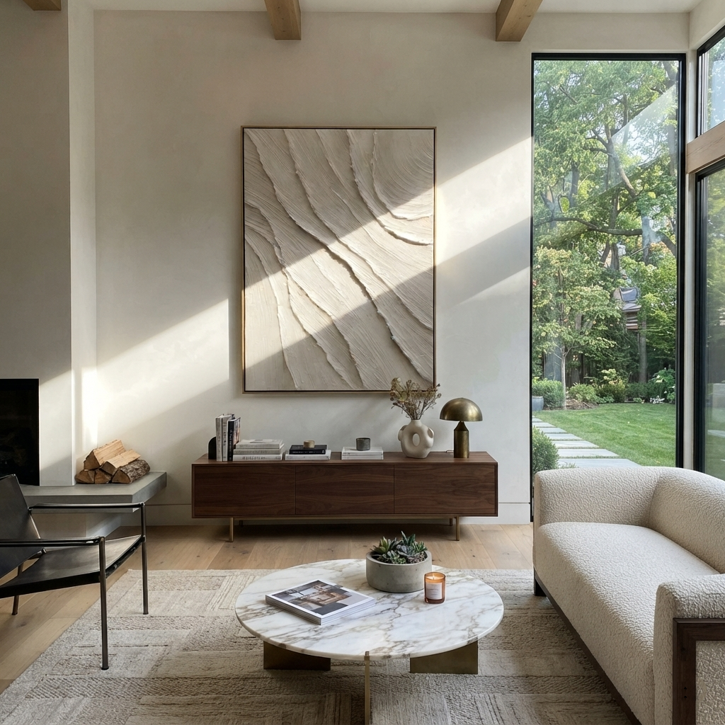 Slate Linen Onyx Strata Form - textured abstract painting shown in modern room setting 3