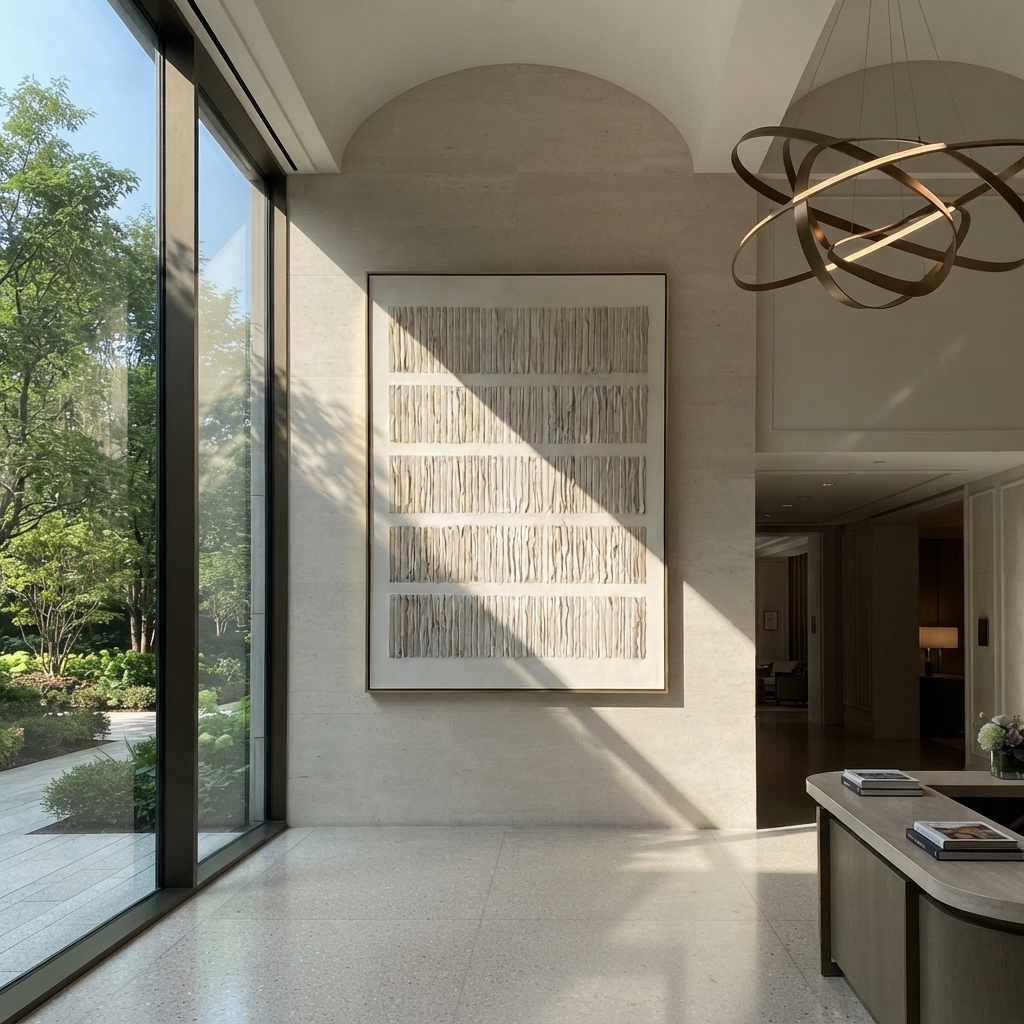 Slate Linen Onyx Terraces Motion - textured abstract painting displayed in a styled interior