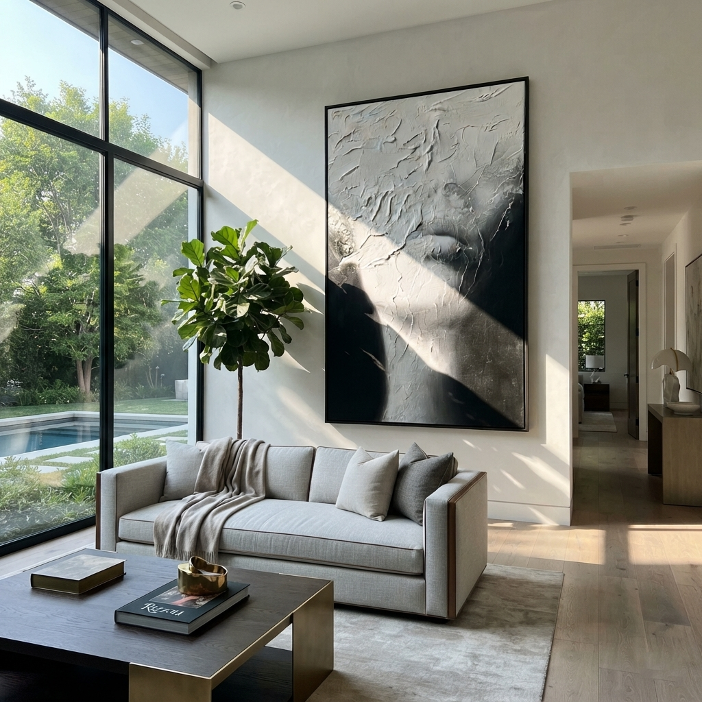 Slate Onyx Figures Horizon Depth - textured figurative painting displayed in a styled interior