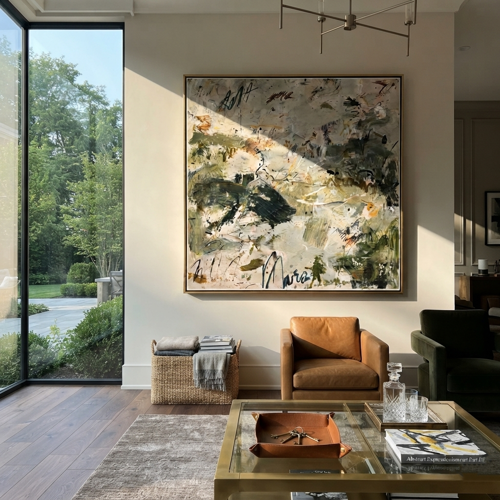 Slate Gilded Linen Fragments Silence - textured abstract painting displayed in a styled interior
