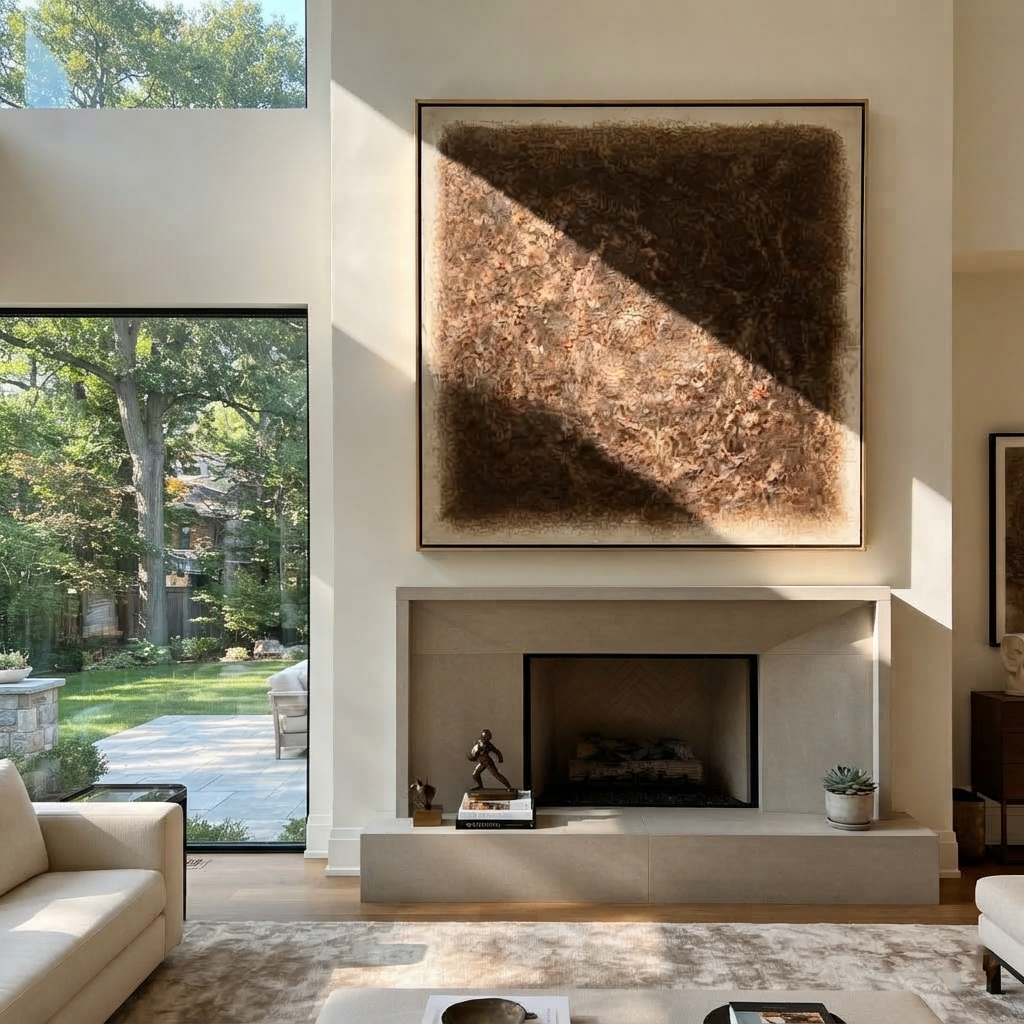 Umber Linen Amber Field Pause - textured abstract painting displayed in a styled interior