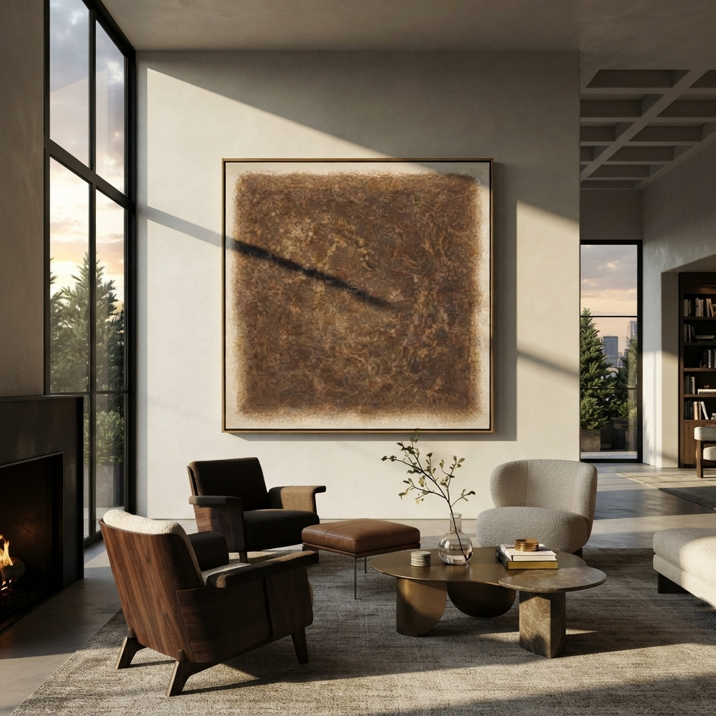 Umber Linen Amber Field Pause - textured abstract painting shown in modern room setting 2