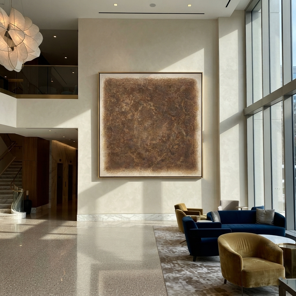 Umber Linen Amber Field Pause - textured abstract painting shown in modern room setting 3