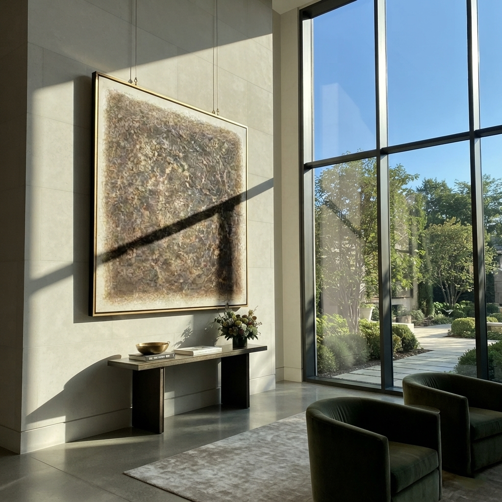Umber Linen Amber Field Pause - textured abstract painting shown in modern room setting 5