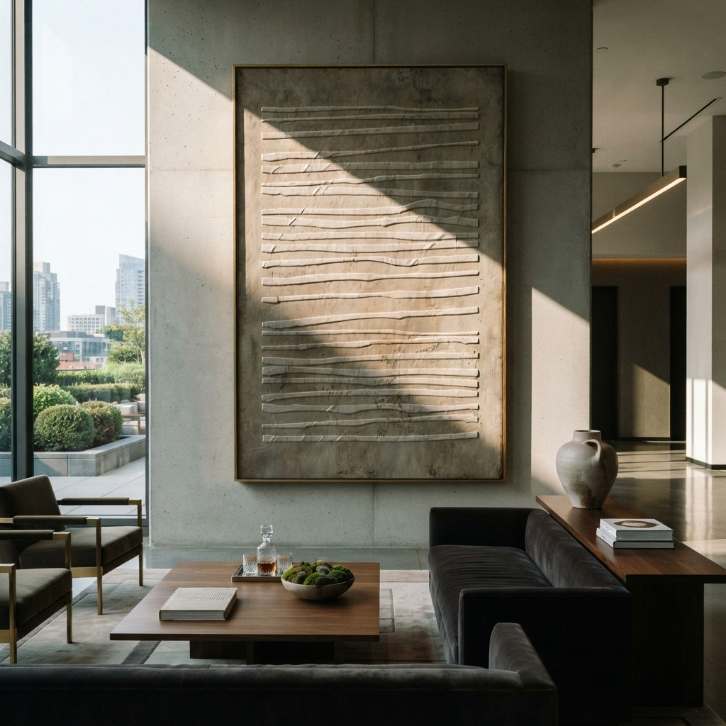 Umber Linen Onyx Passage Balance - textured abstract painting shown in modern room setting 3