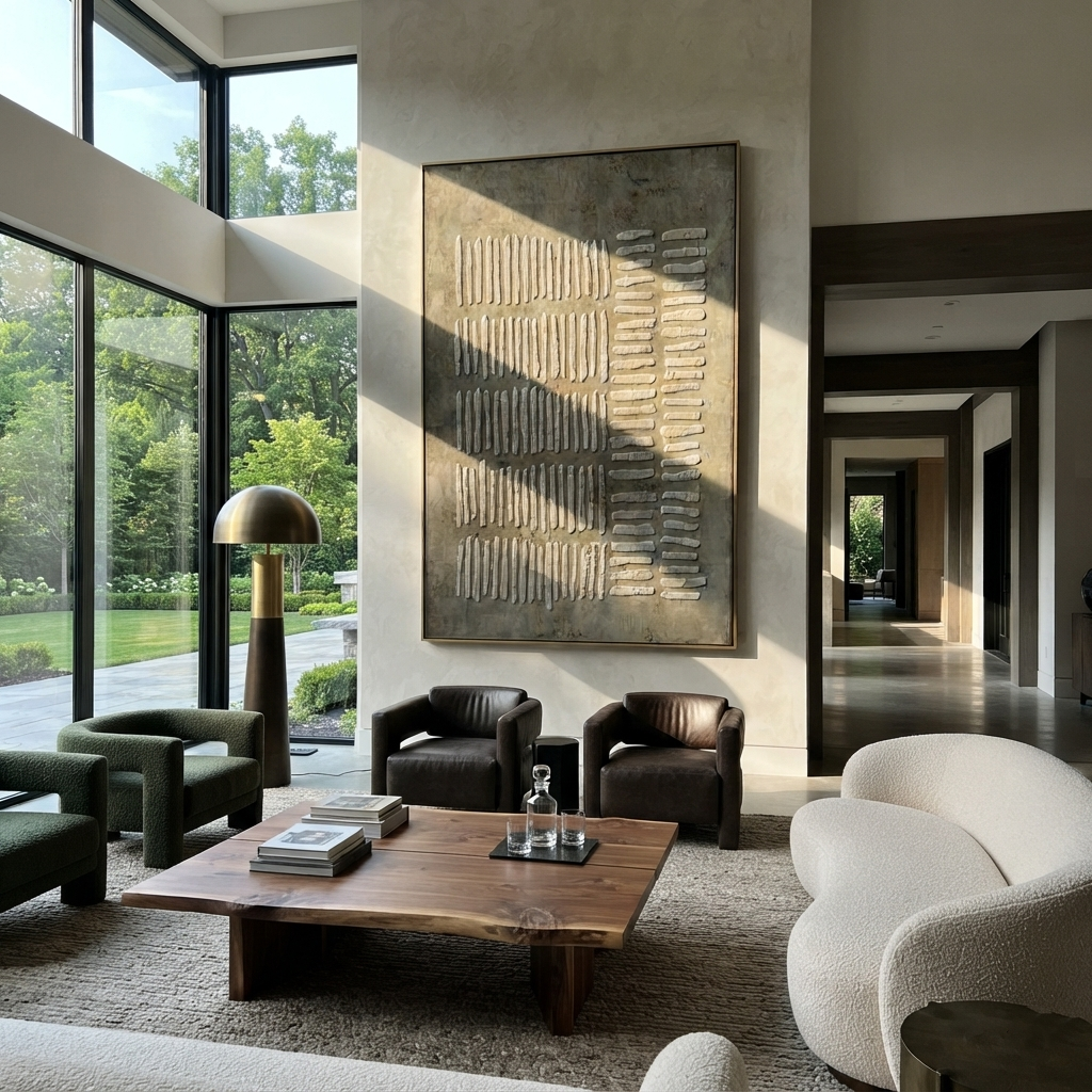 Umber Linen Onyx Tides Resonance - textured abstract painting displayed in a styled interior