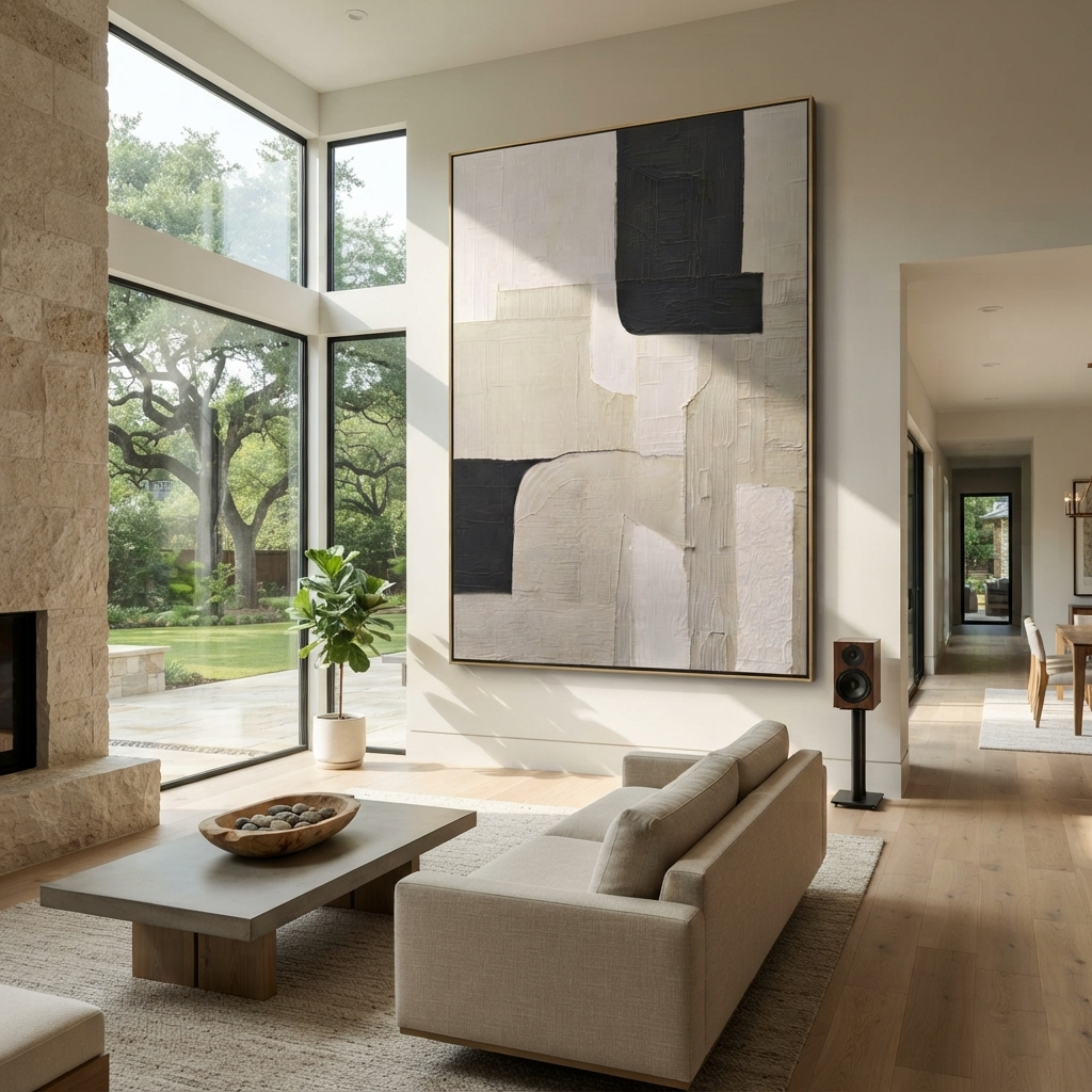 Slate Linen Onyx Currents Calm - textured abstract painting displayed in a styled interior