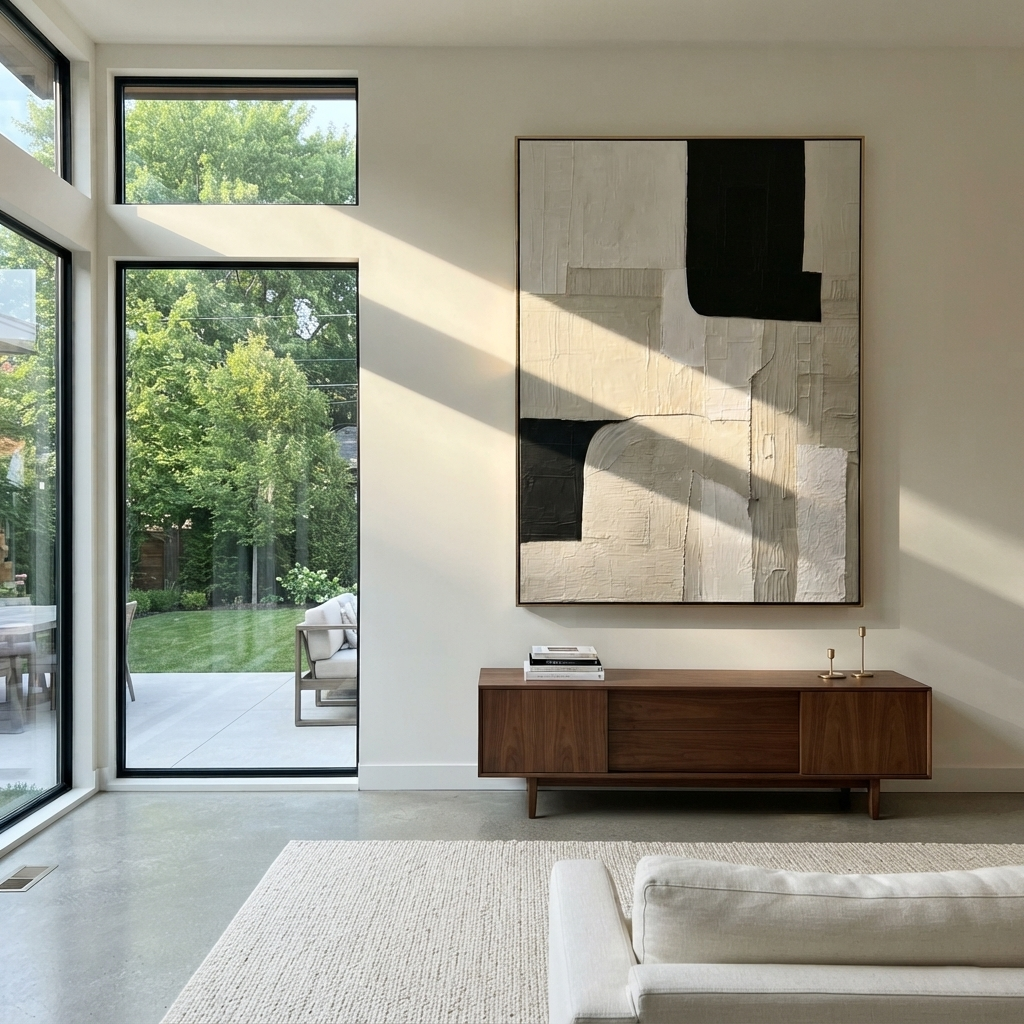Slate Linen Onyx Currents Calm - textured abstract painting shown in modern room setting 2