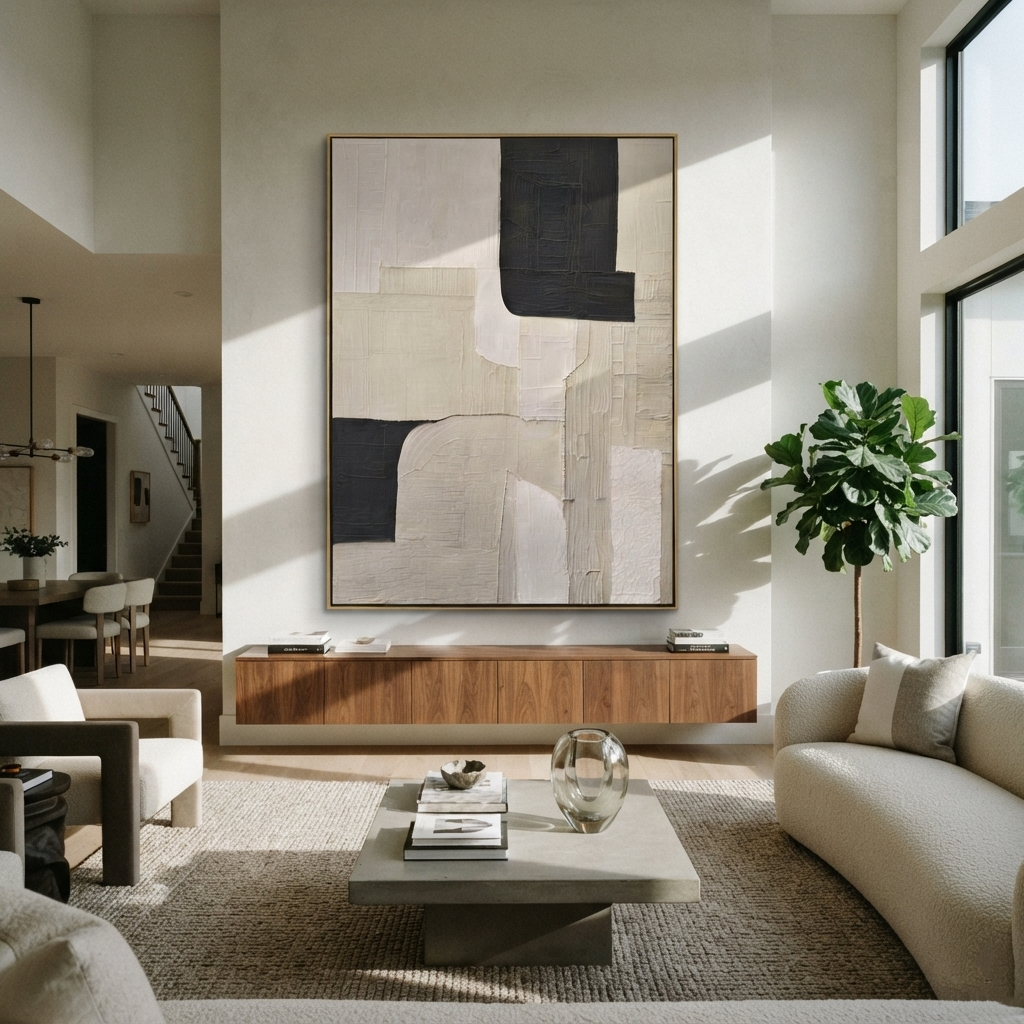 Slate Linen Onyx Currents Calm - textured abstract painting shown in modern room setting 3