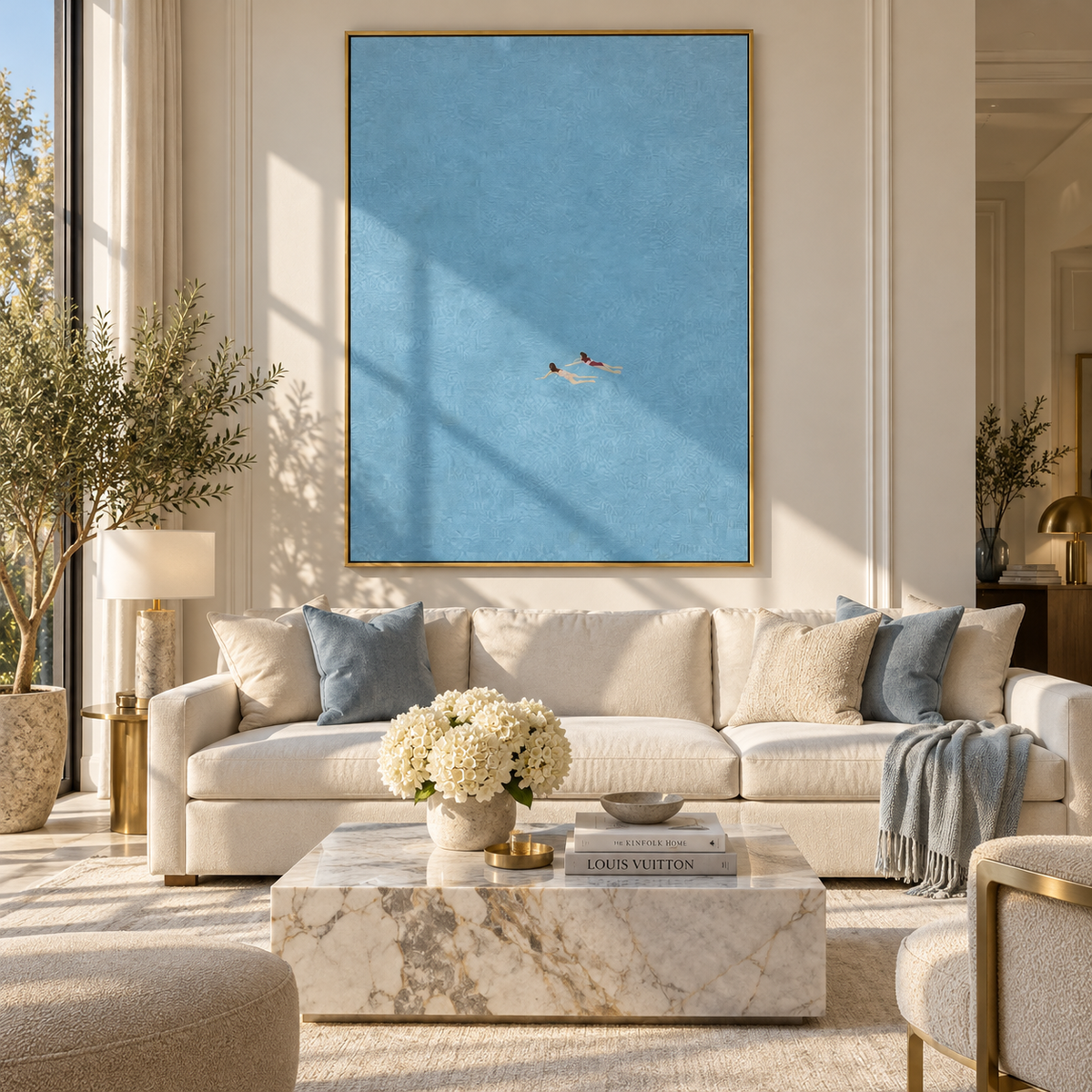 Azure Onyx Swimmers Layers Stillness - textured swimmer painting displayed in a styled interior
