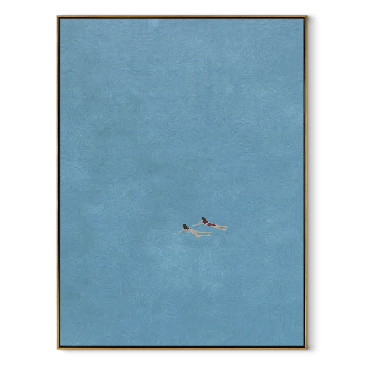 Azure Onyx Swimmers Layers Stillness - textured swimmer painting in a wood frame on white