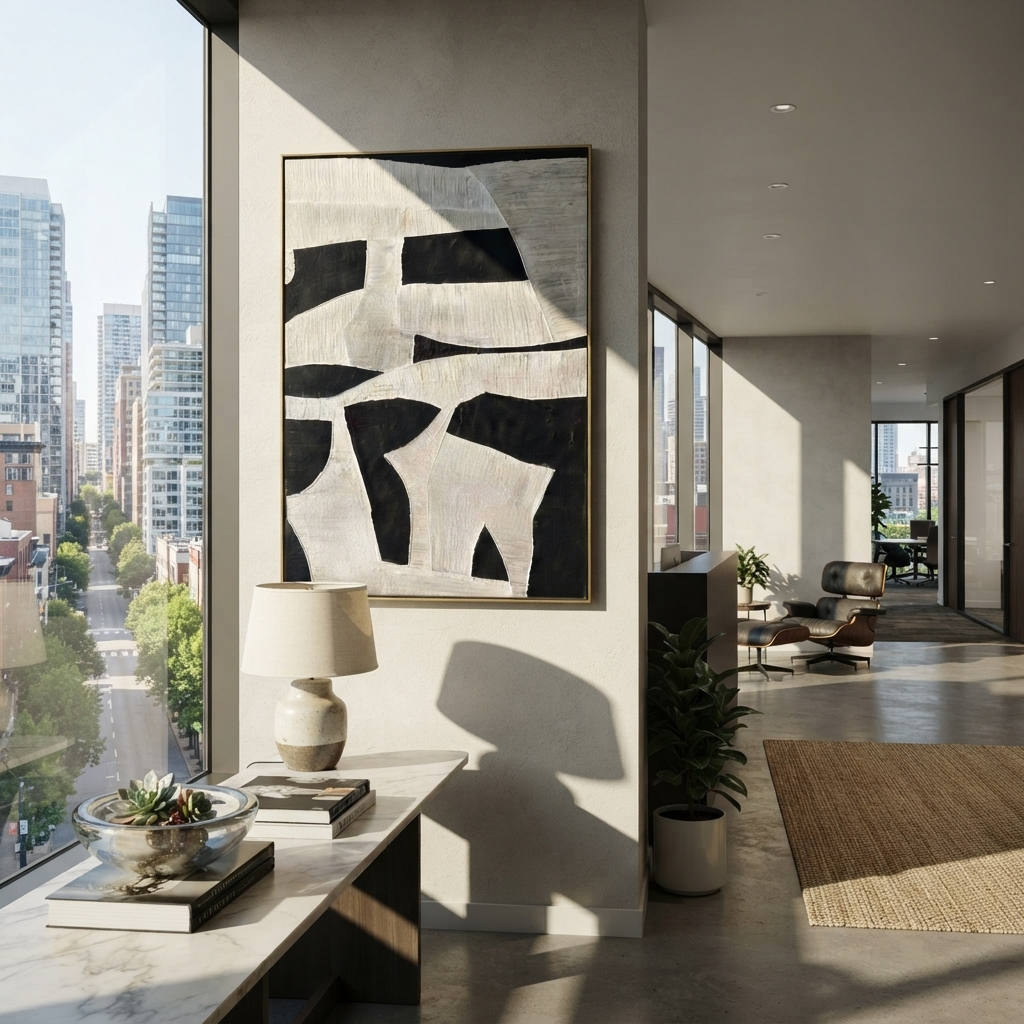 Slate Onyx Linen Intervals Rain - textured abstract painting shown in modern room setting 2