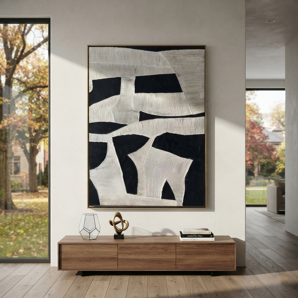 Slate Onyx Linen Intervals Rain - textured abstract painting shown in modern room setting 3