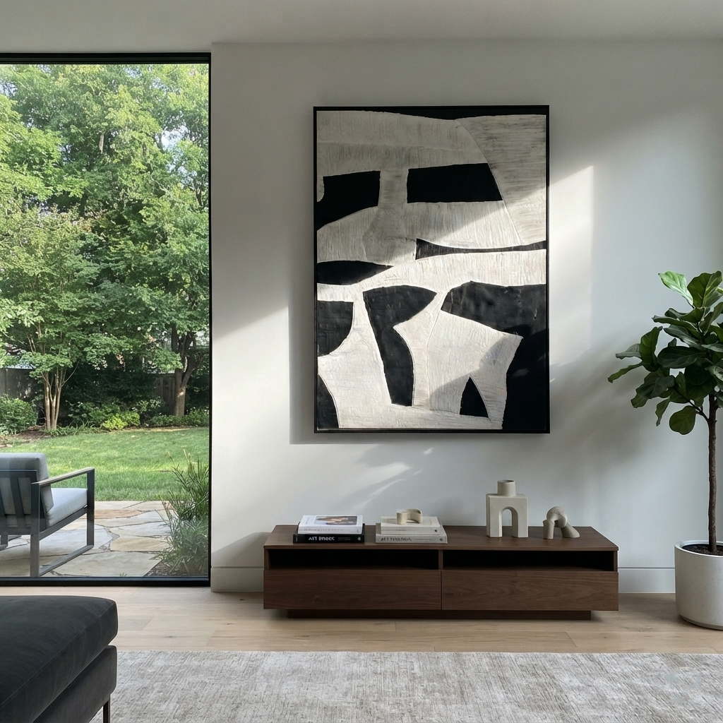Slate Onyx Linen Intervals Rain - textured abstract painting shown in modern room setting 4