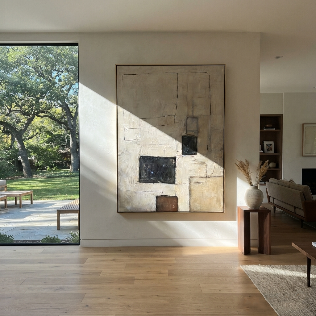 Linen Slate Onyx Drift Cadence - textured abstract painting displayed in a styled interior