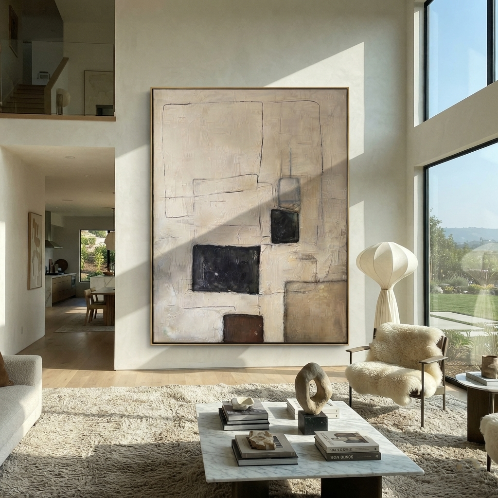 Linen Slate Onyx Drift Cadence - textured abstract painting shown in modern room setting 2