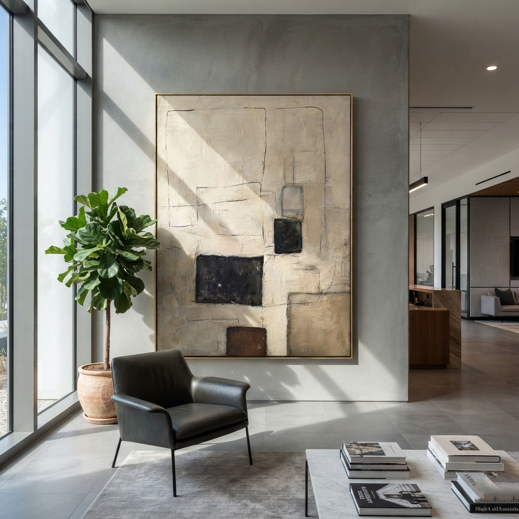 Linen Slate Onyx Drift Cadence - textured abstract painting shown in modern room setting 3