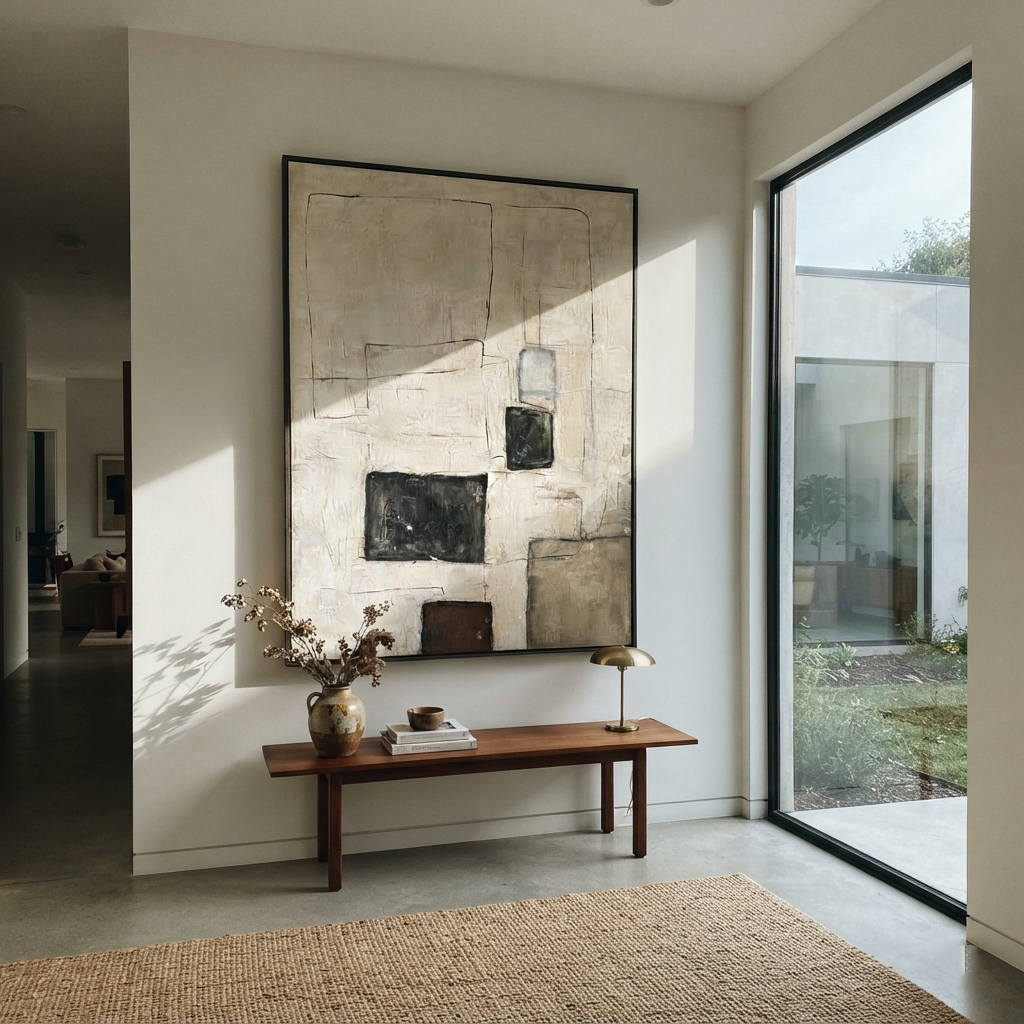 Linen Slate Onyx Drift Cadence - textured abstract painting shown in modern room setting 4