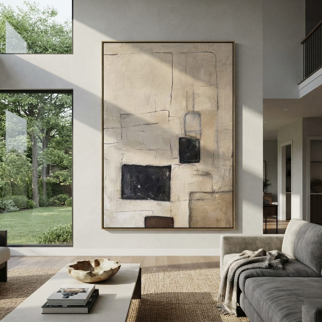 Linen Slate Onyx Drift Cadence - textured abstract painting shown in modern room setting 5