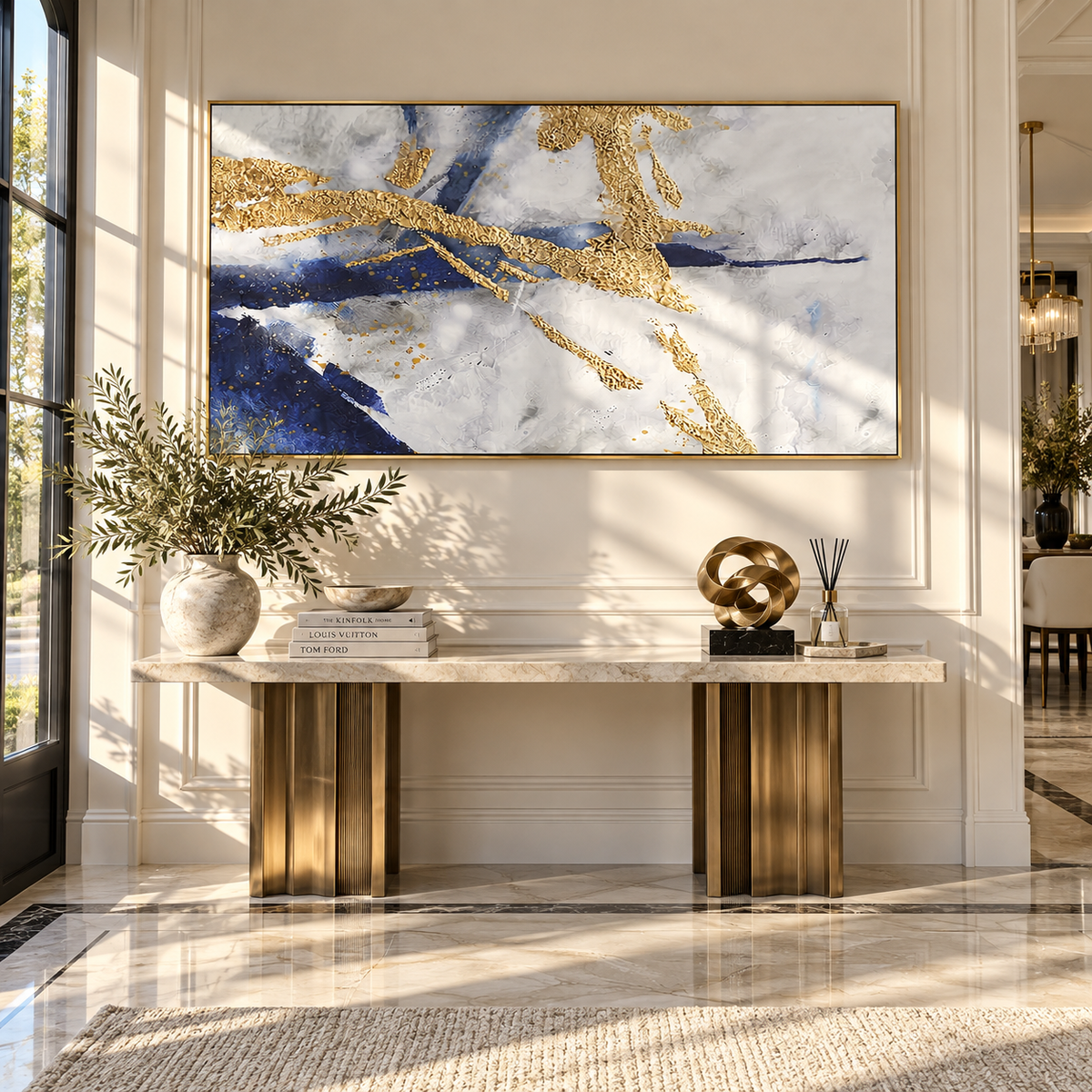 Ivory Slate Azure Contours Dusk - textured abstract painting shown in modern room setting 3
