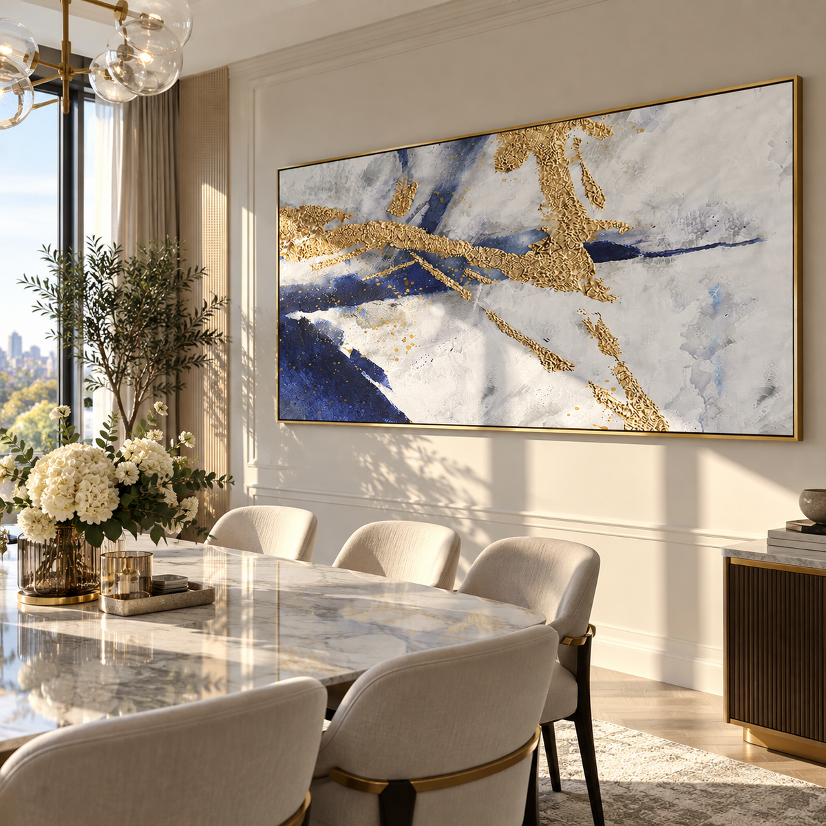 Ivory Slate Azure Contours Dusk - textured abstract painting shown in modern room setting 5