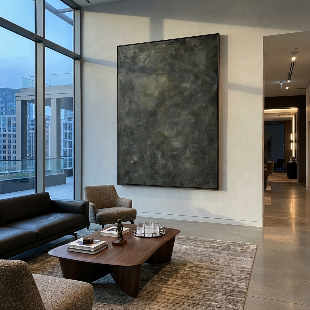 Slate Onyx Gilded Crossing Interval - textured abstract painting shown in modern room setting 3