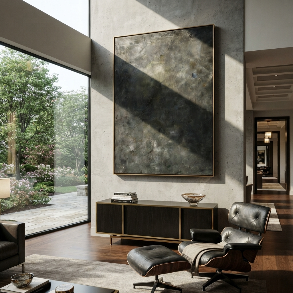 Slate Onyx Gilded Crossing Interval - textured abstract painting shown in modern room setting 5