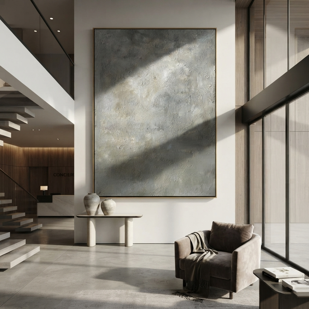 Slate Onyx Gilded Echo Distance - textured abstract painting shown in modern room setting 5