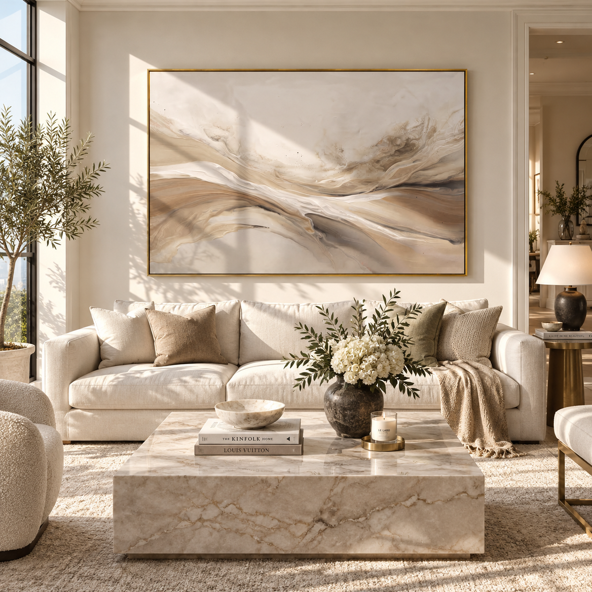 Ivory Linen Horizon Rhythm Light - textured landscape painting displayed in a styled interior