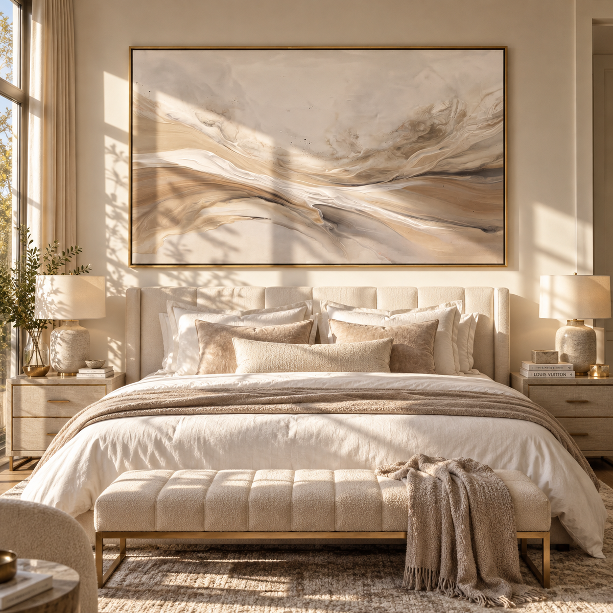 Ivory Linen Horizon Rhythm Light - textured landscape painting shown in modern room setting 2