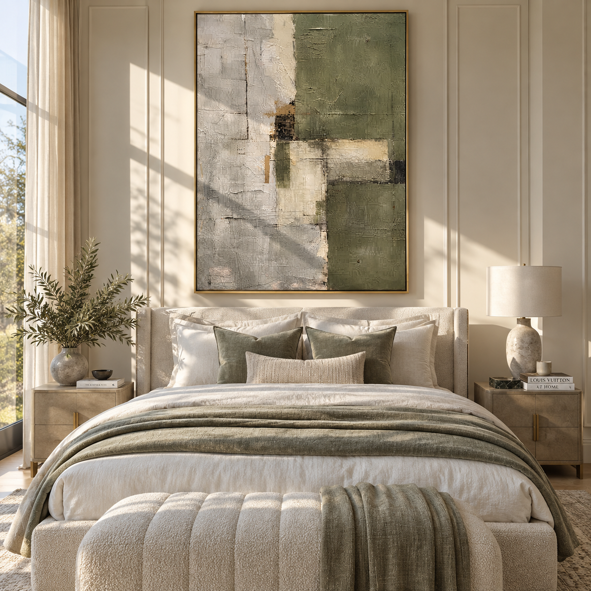 Gilded Slate Linen Relief Tension - textured abstract painting shown in modern room setting 5