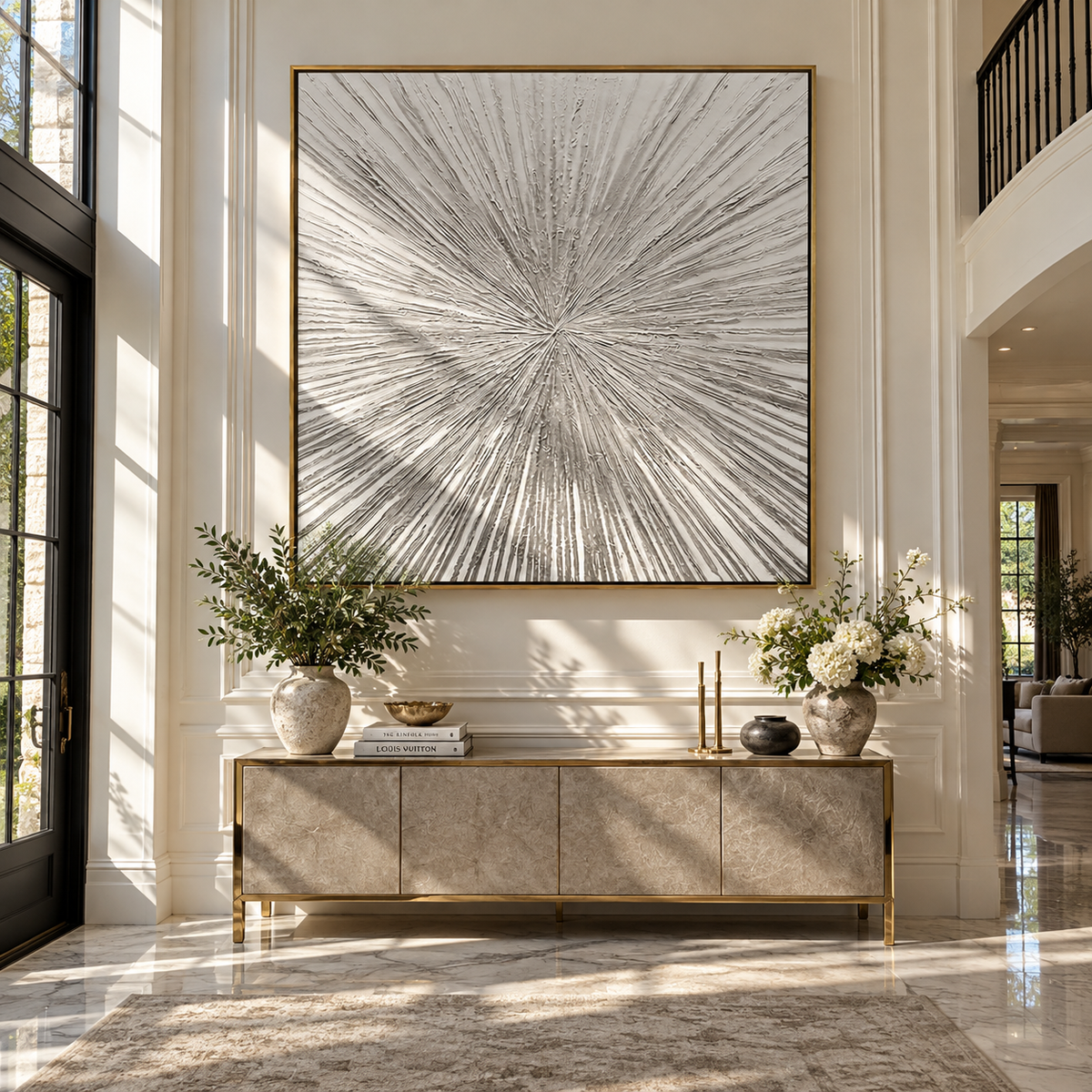 Slate Onyx Umber Terraces Quiet - textured abstract painting displayed in a styled interior