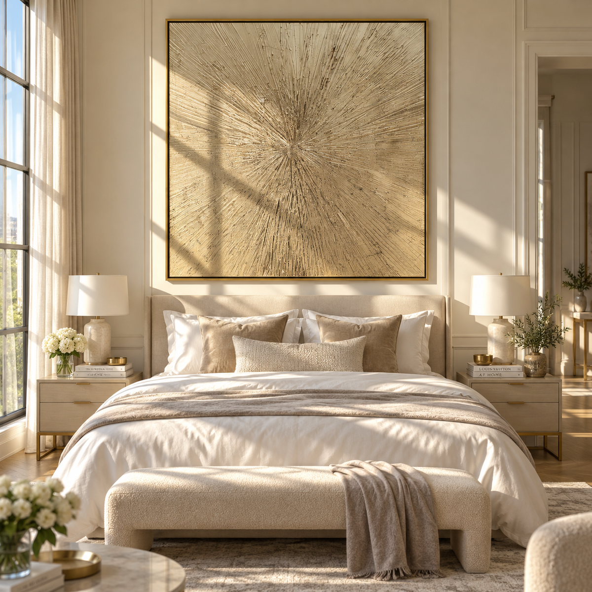 Linen Umber Gilded Horizon Form - textured abstract painting displayed in a styled interior