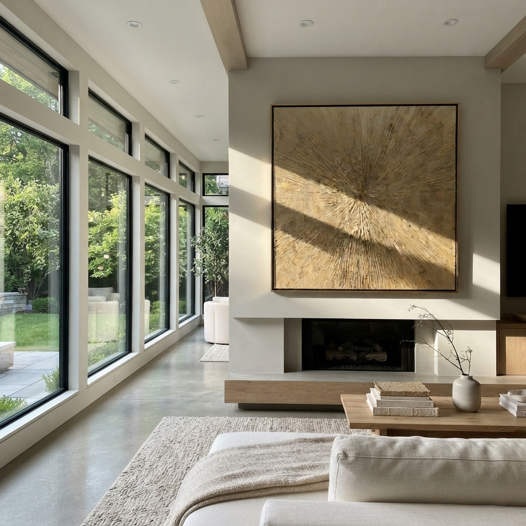 Linen Umber Gilded Horizon Form - textured abstract painting shown in modern room setting 3