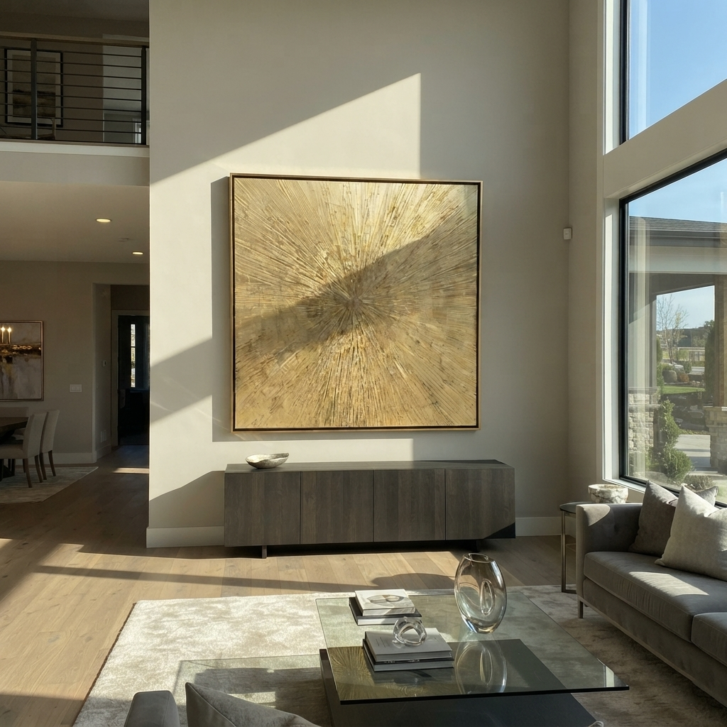 Linen Umber Gilded Horizon Form - textured abstract painting shown in modern room setting 4
