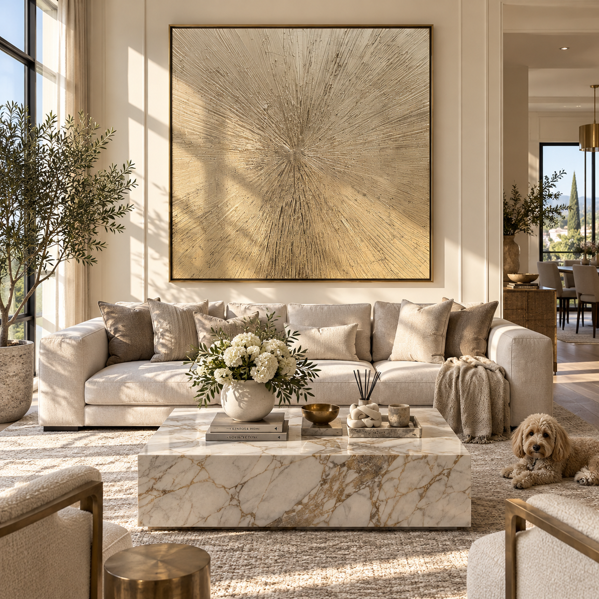 Linen Umber Gilded Horizon Form - textured abstract painting shown in modern room setting 5