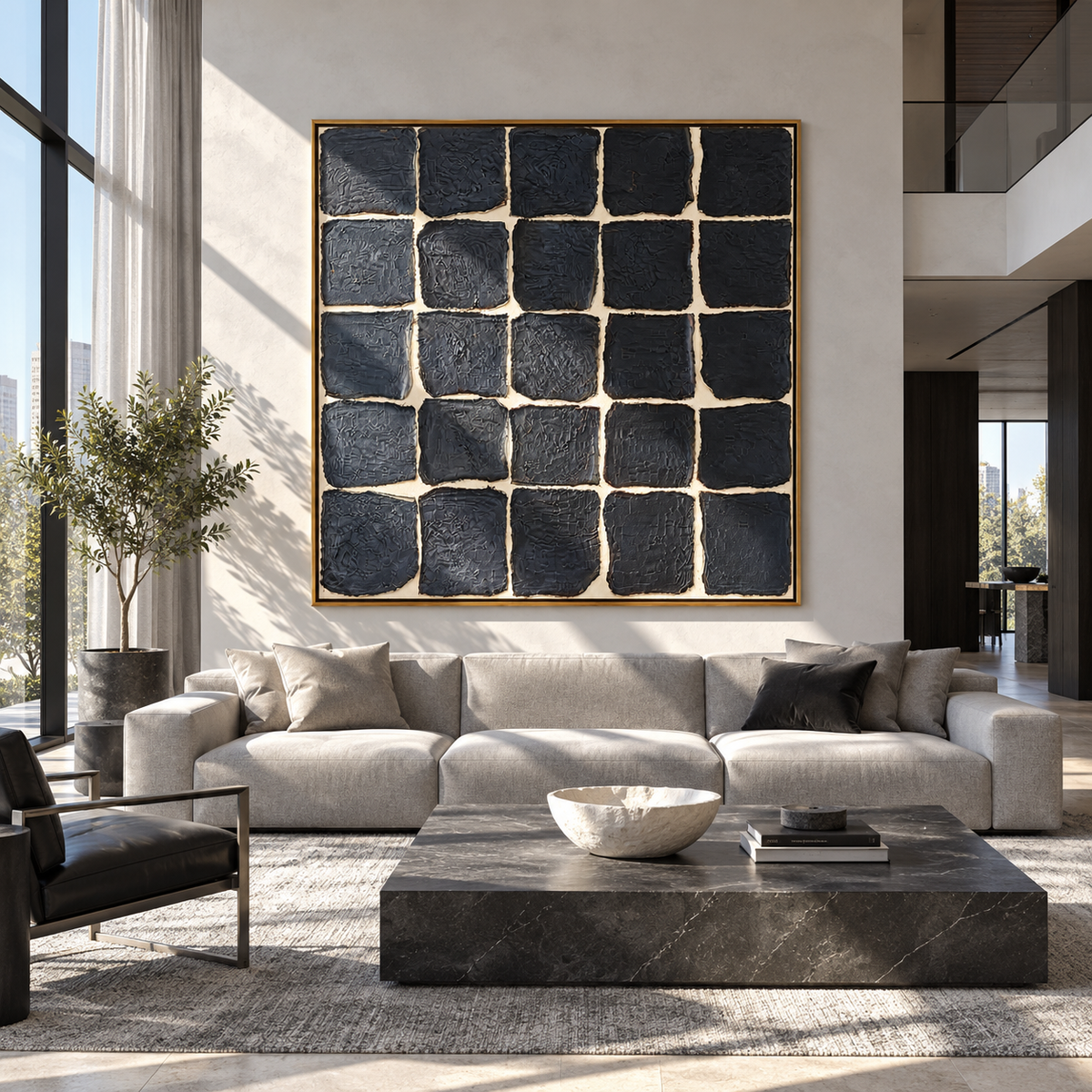 Onyx Azure Linen Fragments Motion - textured abstract painting shown in modern room setting 3