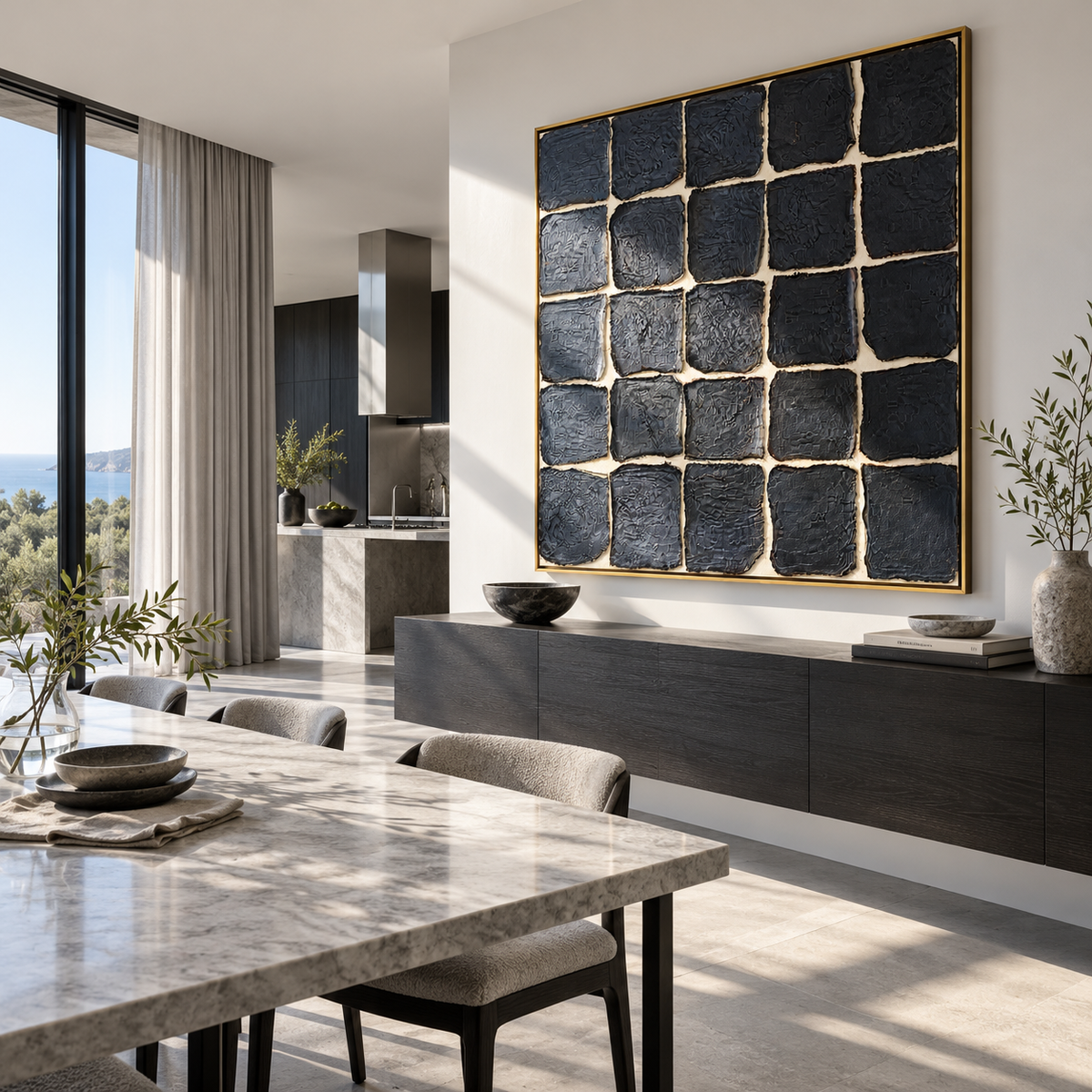Onyx Azure Linen Fragments Motion - textured abstract painting shown in modern room setting 4
