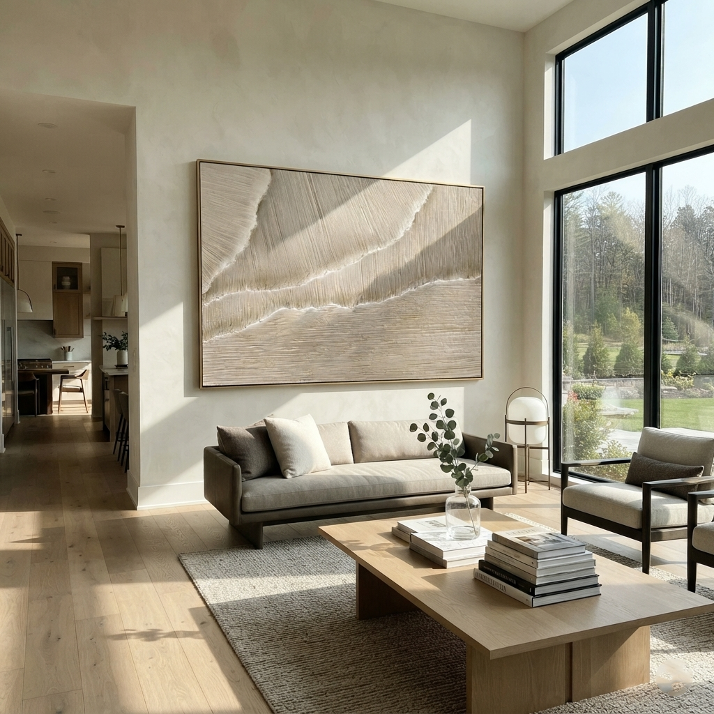 Linen Slate Onyx Field Depth - textured abstract painting shown in modern room setting 2