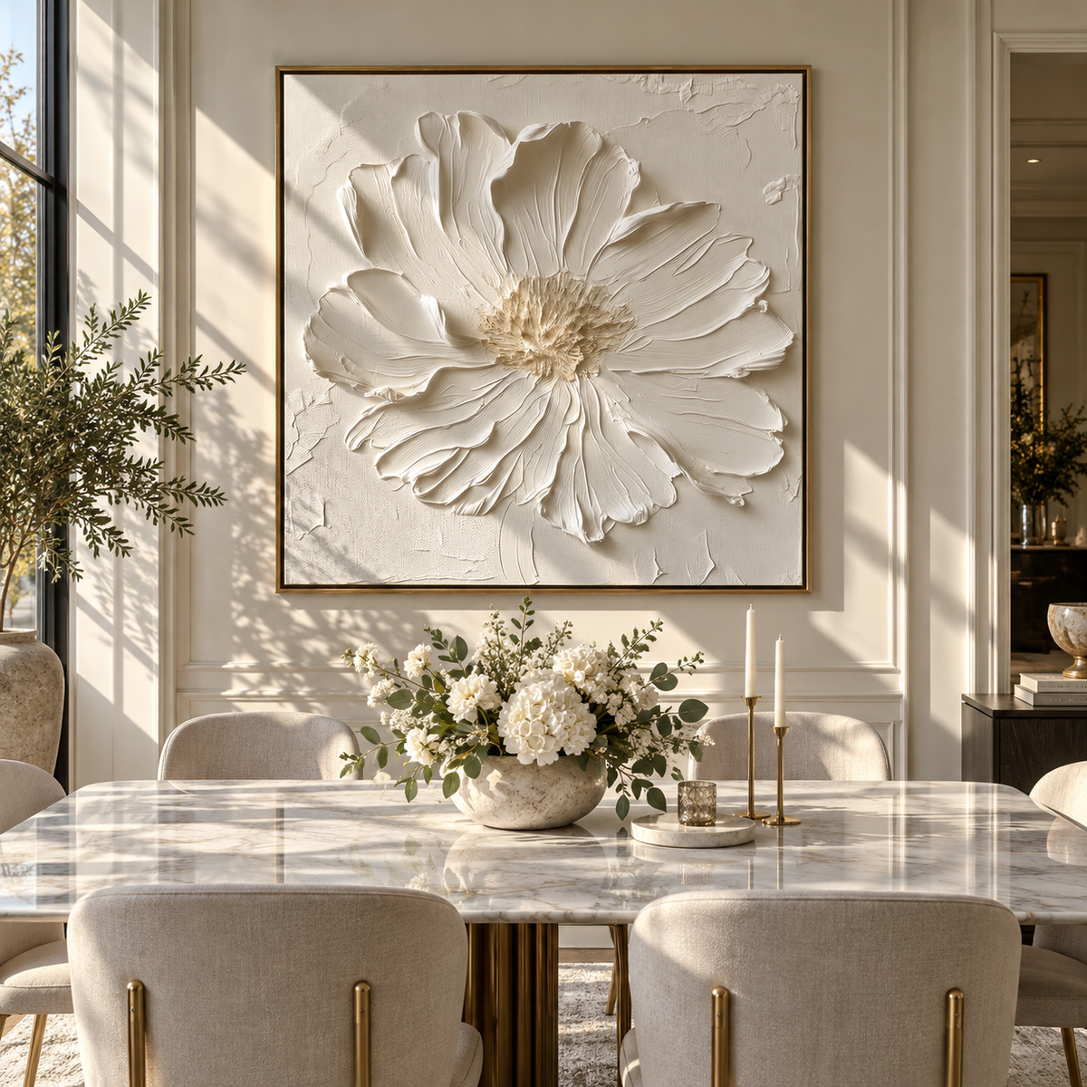 Slate Linen Blooms Passage Silence - textured floral painting shown in modern room setting 2
